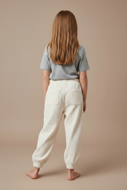 Pantalon Fluide Côtelé Écru Ample Confortable Fille - Beige Cordé - vue 2