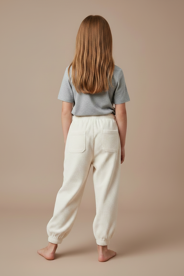 Pantalon Fluide Côtelé Écru Ample Confortable Fille - Beige Cordé - vue 2