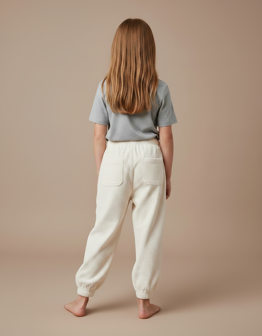 Pantalon Fluide Côtelé Écru Ample Confortable Fille - Beige Cordé - vue 2