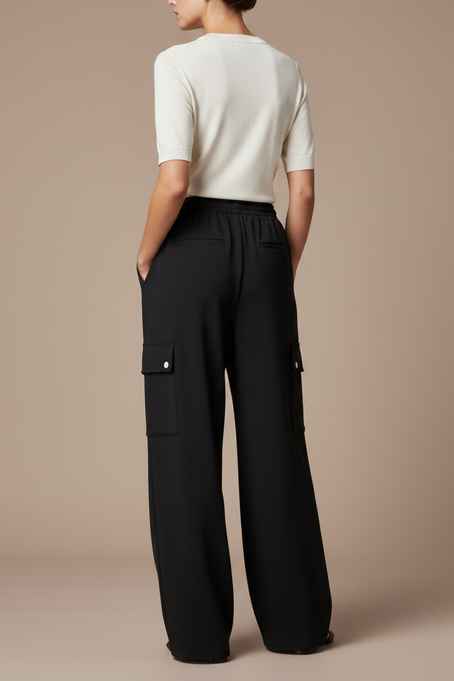 Pantalon Fluide Noir Cargo Ample Cordon Femme - Polyester - vue 2