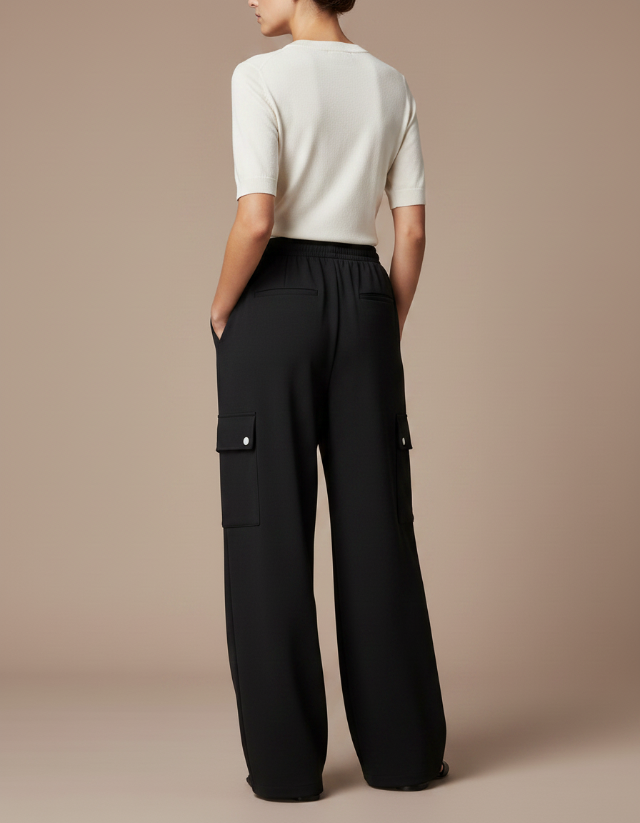 Pantalon Fluide Noir Cargo Ample Cordon Femme - Polyester - vue 2
