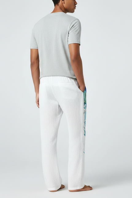 Pantalon Fluide Blanc Ample Imprimé Méduse Décontracté Homme - Lin - vue 2