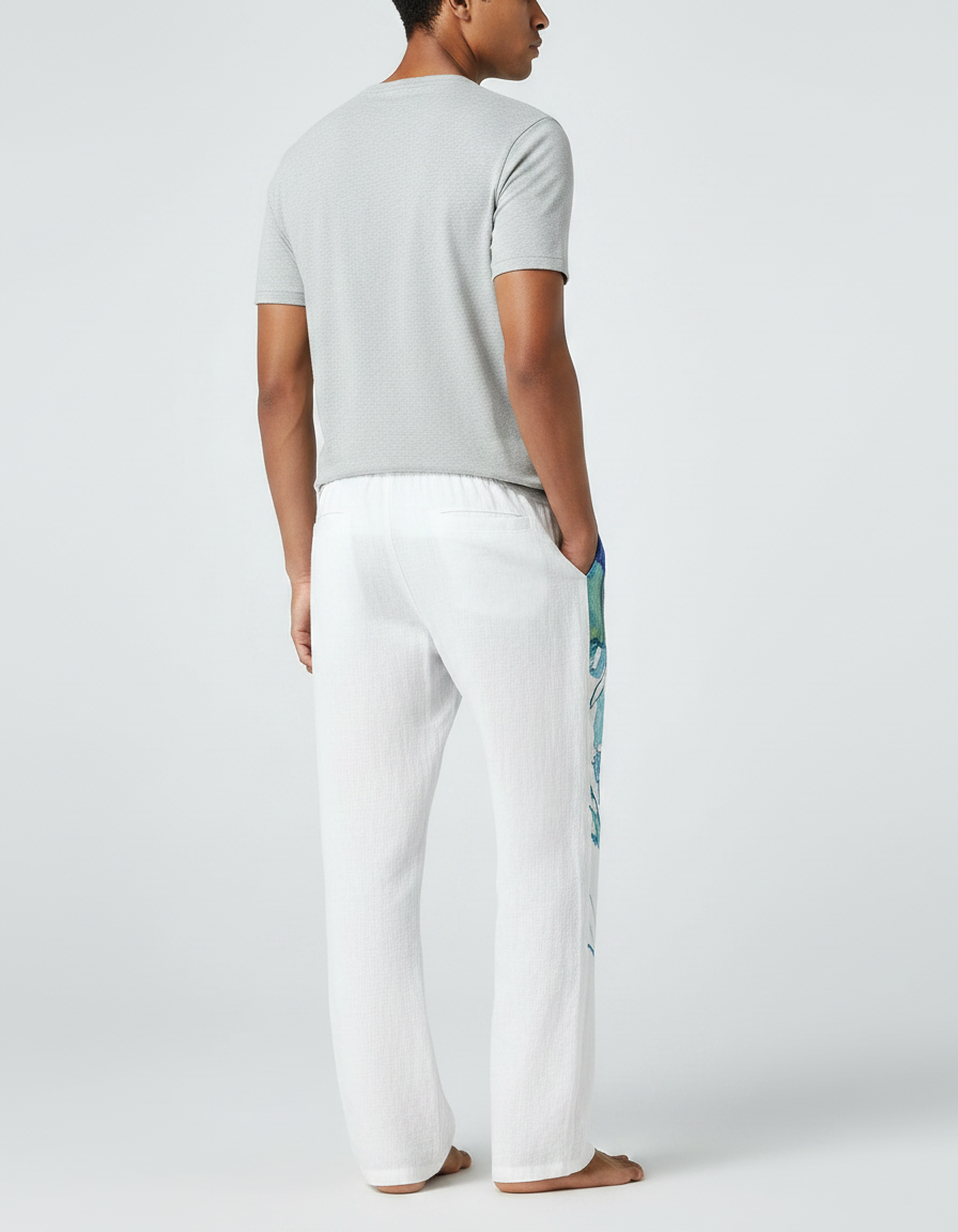 Pantalon Fluide Blanc Ample Imprimé Méduse Décontracté Homme - Lin - vue 2