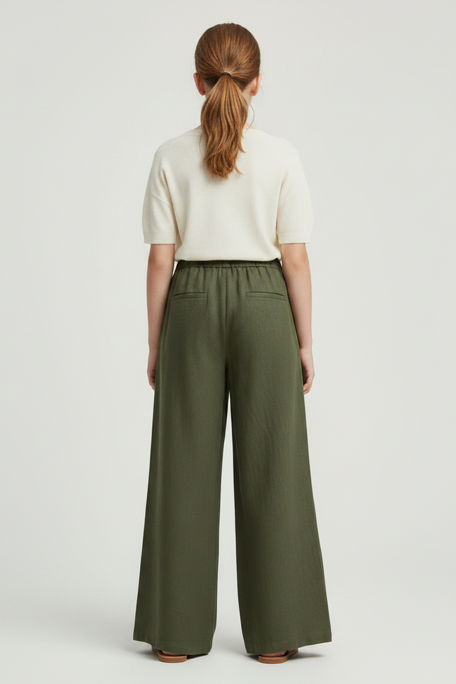 Pantalon Fluide Vert Kaki Ample Lin Cordon - vue 2