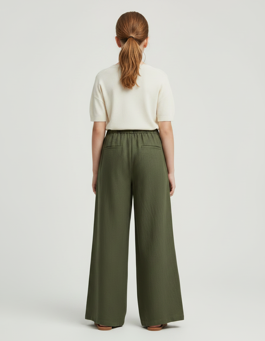 Pantalon Fluide Vert Kaki Ample Lin Cordon - vue 2