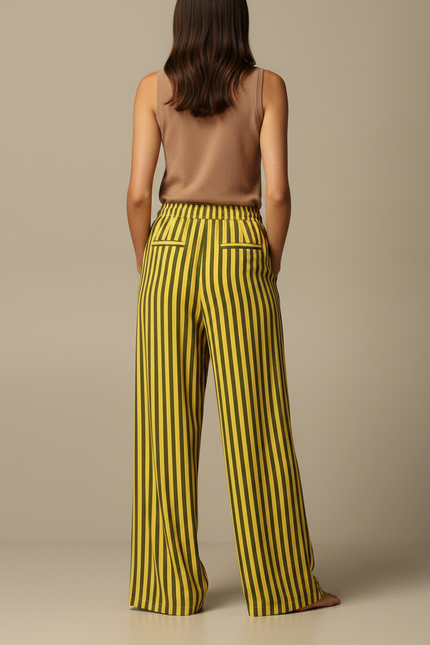 Pantalon Fluide Rayé Vert Jaune Ample Cordon Décontracté - Multicolore Viscose - vue 2