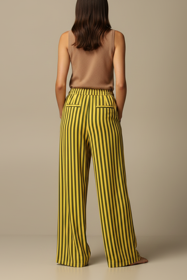 Pantalon Fluide Rayé Vert Jaune Ample Cordon Décontracté - Multicolore Viscose - vue 2