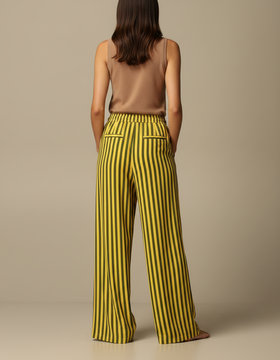 Pantalon Fluide Rayé Vert Jaune Ample Cordon Décontracté - Multicolore Viscose - vue 2