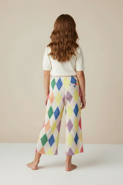 Pantalon Fluide Plissé Arc-en-ciel Losanges Ample Fille - Multicolore Polyester - vue 2