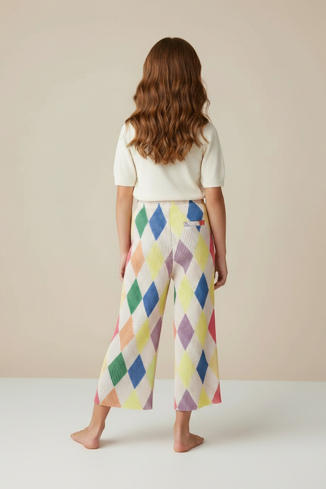 Pantalon Fluide Plissé Arc-en-ciel Losanges Ample Fille - Multicolore Polyester - vue 2