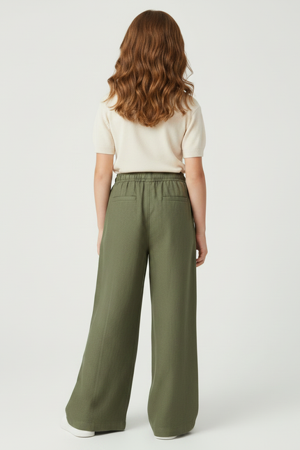 Pantalon Fluide Vert Ample Taille Élastique Lin - Kaki - vue 2