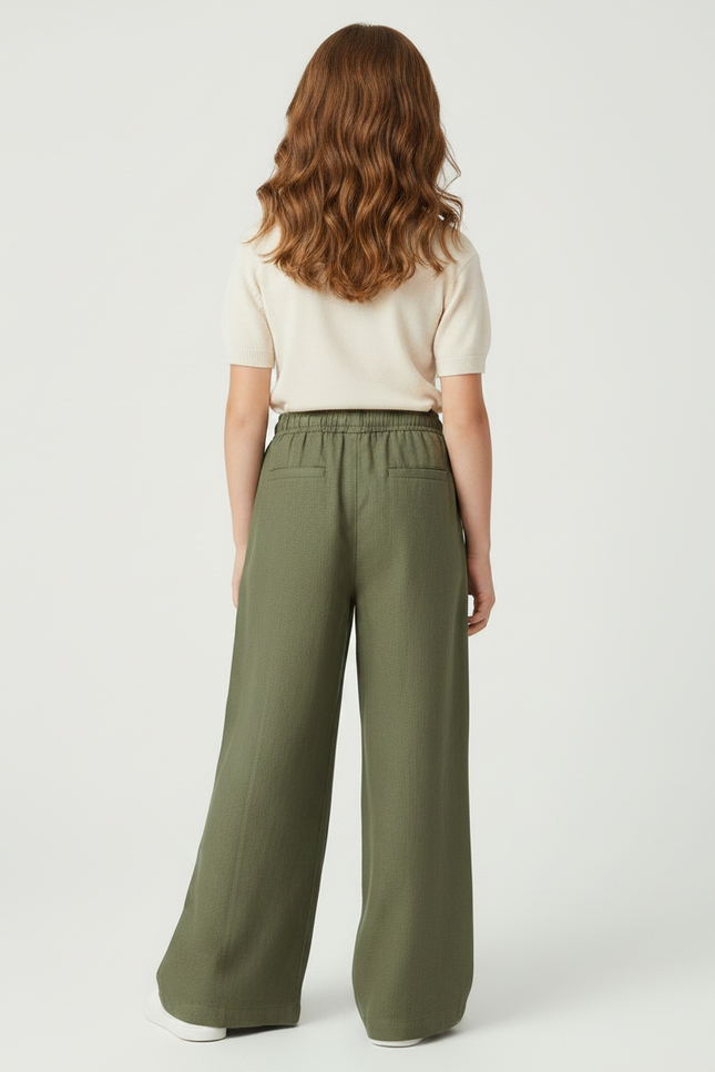 Pantalon Fluide Vert Ample Taille Élastique Lin - Kaki - vue 2
