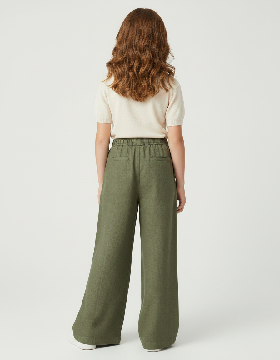 Pantalon Fluide Vert Ample Taille Élastique Lin - Kaki - vue 2