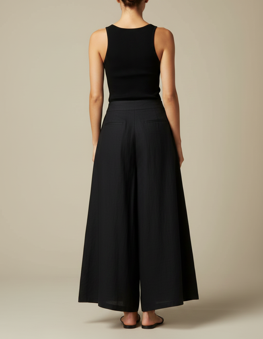 Pantalon Jupe Fluide Femme - Noir Lin - vue 2