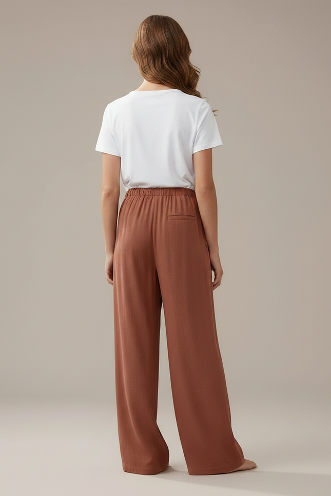 Pantalon Fluide Marron Ample Lin Décontracté Cordon - vue 2