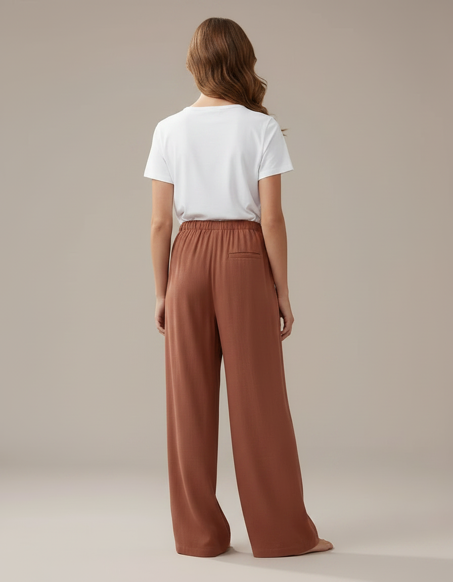 Pantalon Fluide Marron Ample Lin Décontracté Cordon - vue 2