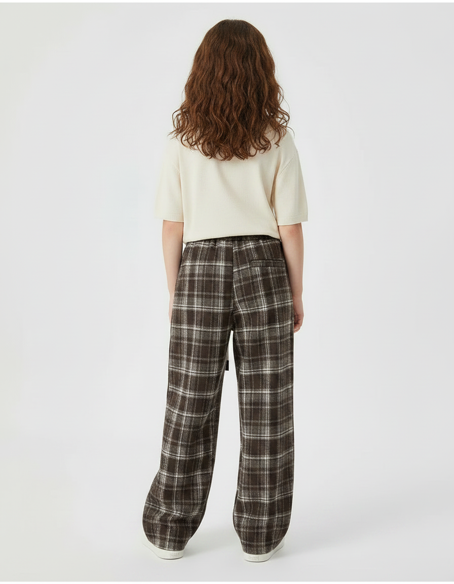 Pantalon Fluide Carreaux Marron Ample Coton Fille - Laine - vue 2