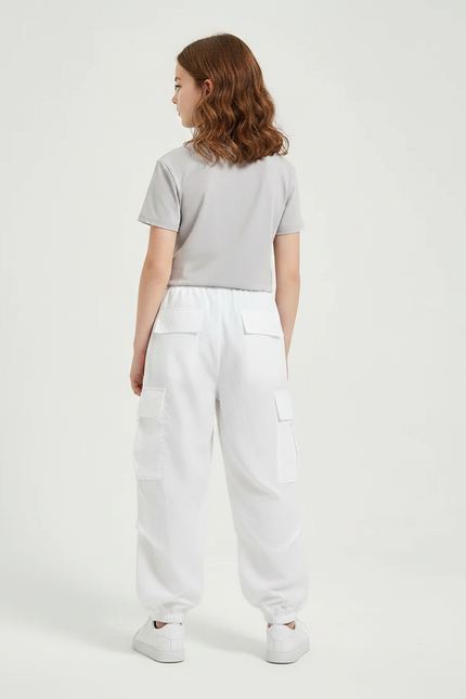 Pantalon Fluide Blanc Ample Cargo Cordon Enfant - Polyester - vue 2