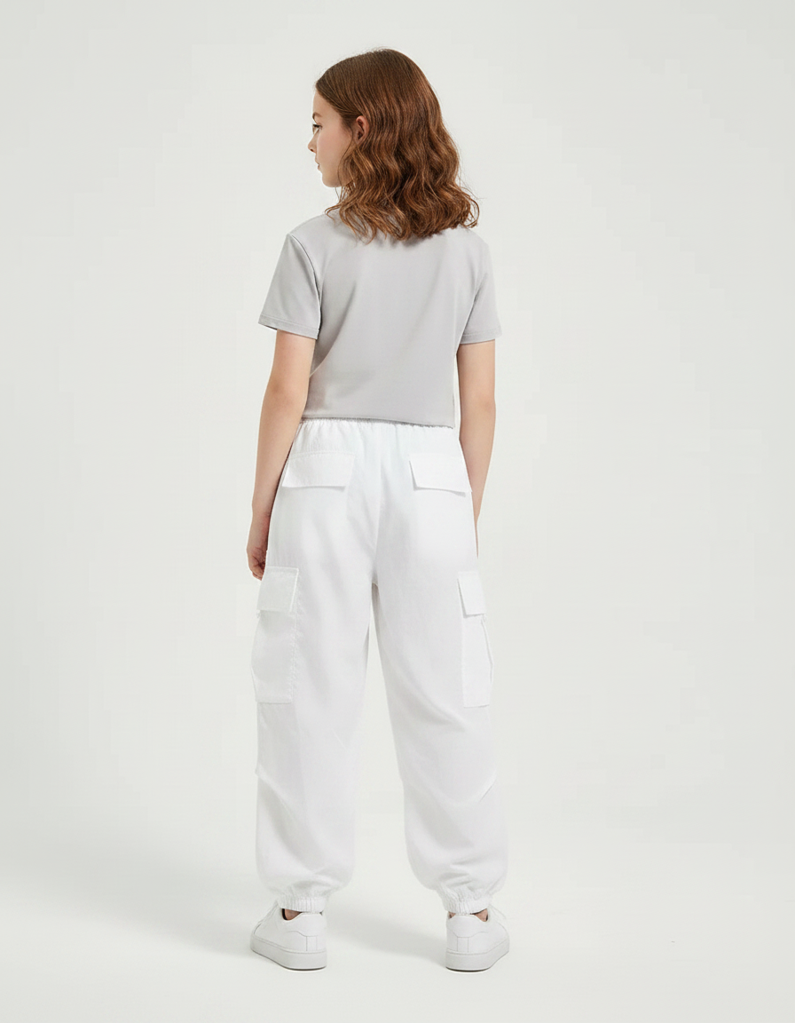 Pantalon Fluide Blanc Ample Cargo Cordon Enfant - Polyester - vue 2