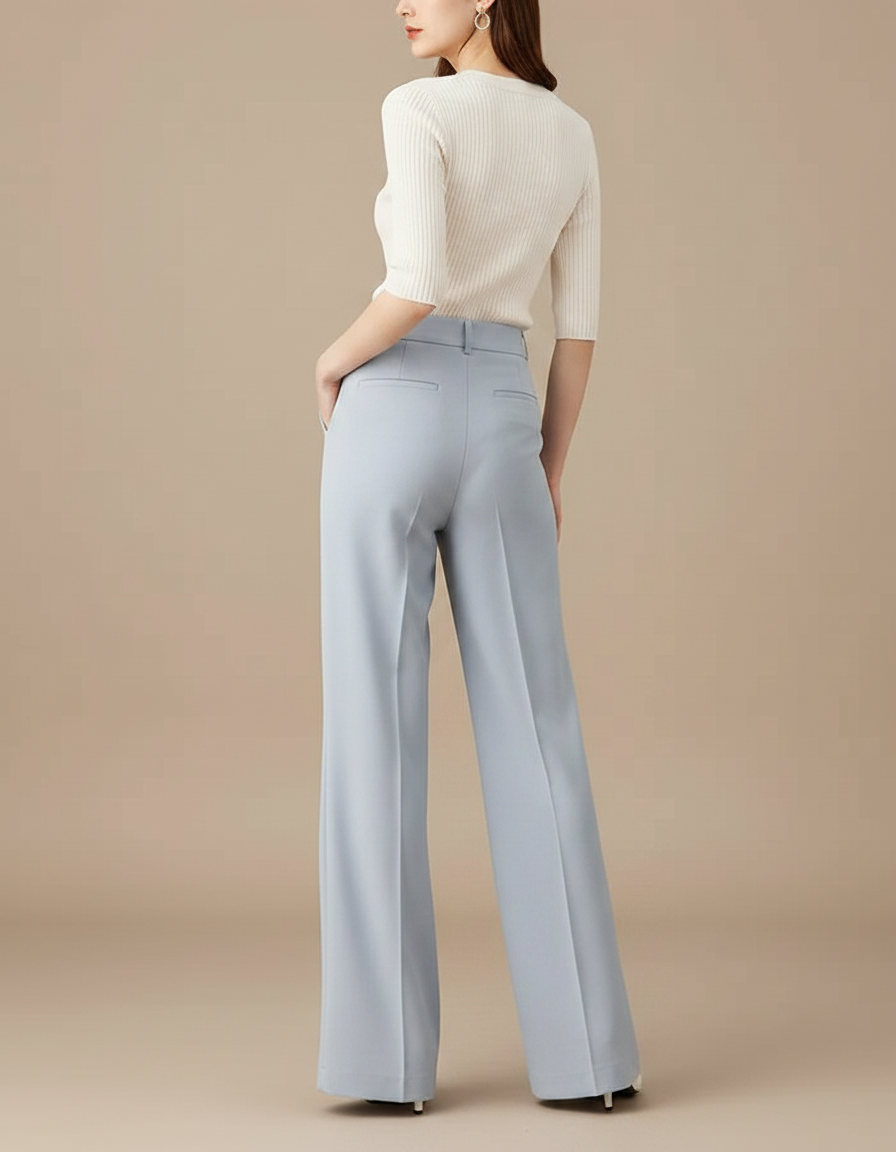 Pantalon Fluide Bleu Ciel Ample Taille Haute Élégant - Polyester - vue 2