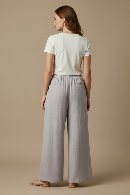 Pantalon Fluide Gris Lin Ample Cordon Femme - vue 2