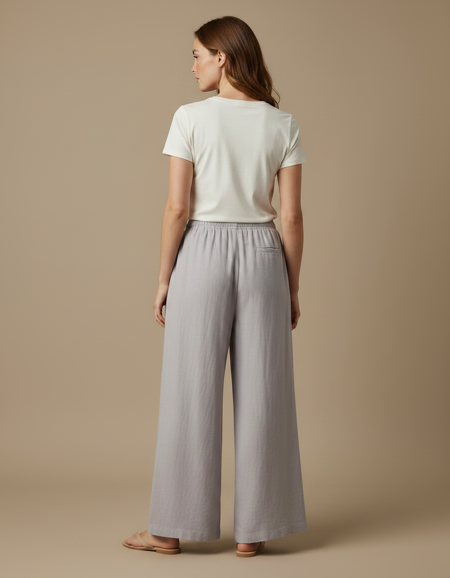Pantalon Fluide Gris Lin Ample Cordon Femme - vue 2
