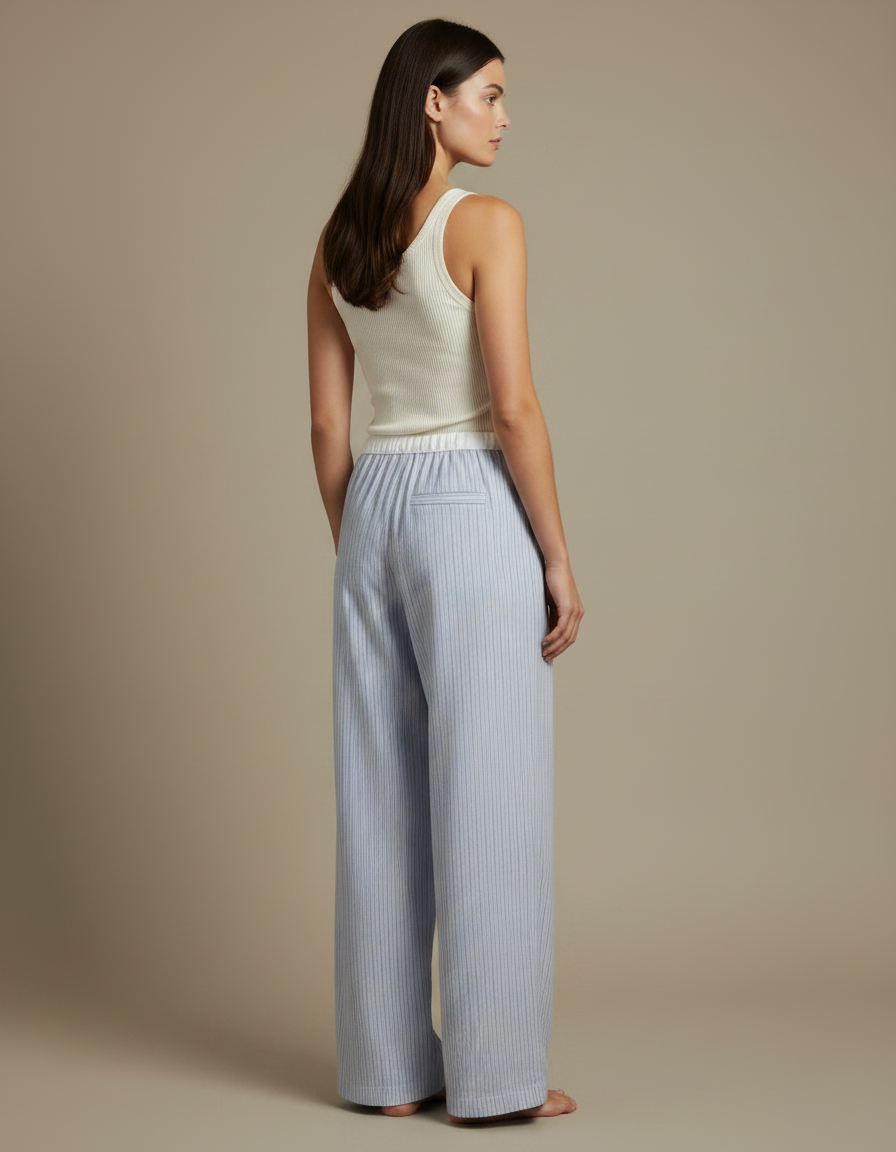 Pantalon Fluide Rayé Bleu Et Blanc - Lin - vue 2
