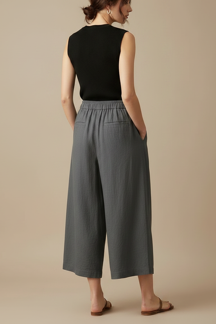 Pantalon Fluide Gris Lin Ample Décontracté Court - vue 2