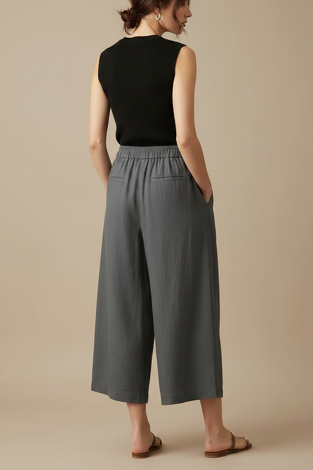 Pantalon Fluide Gris Lin Ample Décontracté Court - vue 2