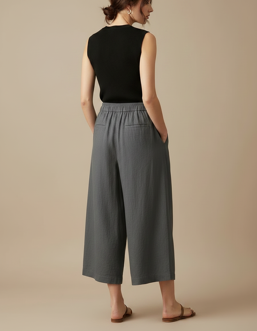 Pantalon Fluide Gris Lin Ample Décontracté Court - vue 2