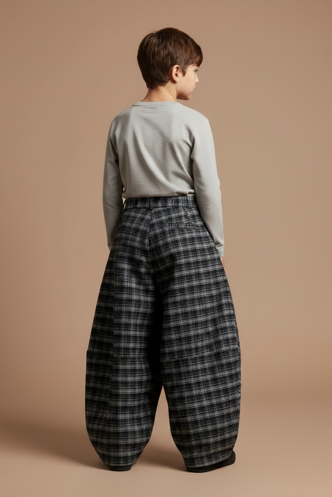 Pantalon Fluide Carreaux Ample Épais Garçon - Gris Tweed - vue 2