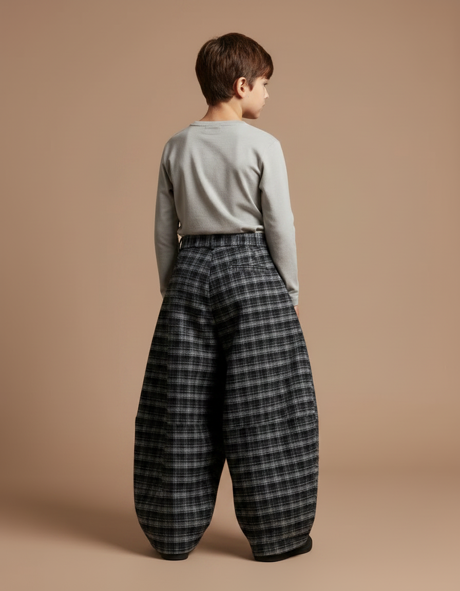 Pantalon Fluide Carreaux Ample Épais Garçon - Gris Tweed - vue 2
