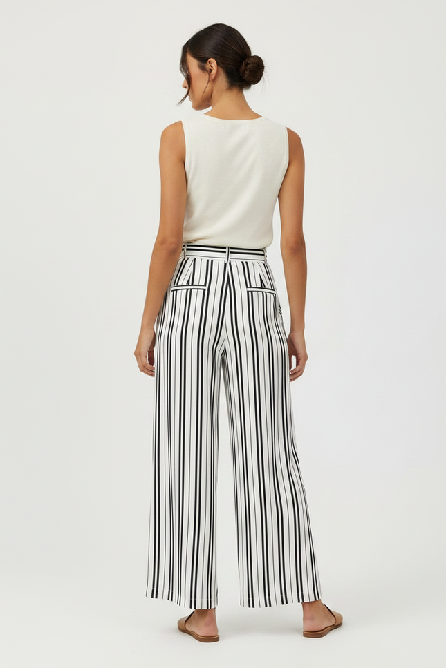 Pantalon Fluide Rayé Noir Blanc Ample Ceinturé Élégant - Multicolore Viscose - vue 2