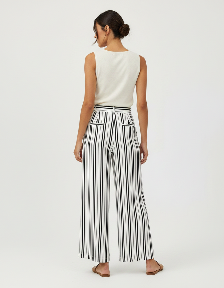 Pantalon Fluide Rayé Noir Blanc Ample Ceinturé Élégant - Multicolore Viscose - vue 2