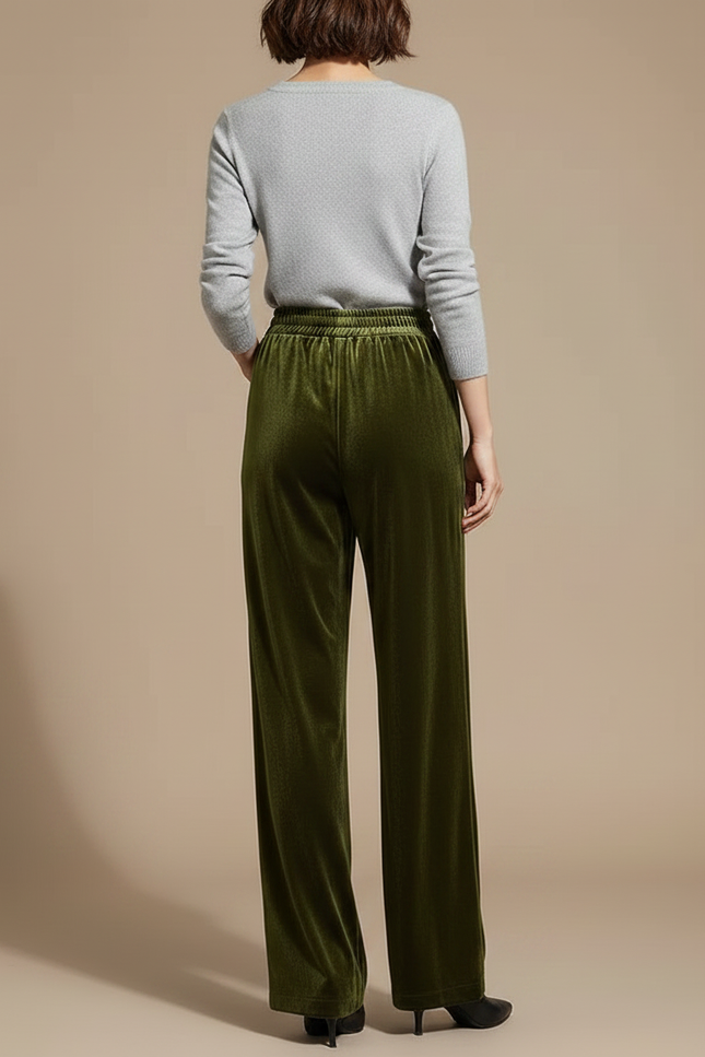 Pantalon Fluide Vert Velours Ample Élégant Femme - Kaki - vue 2