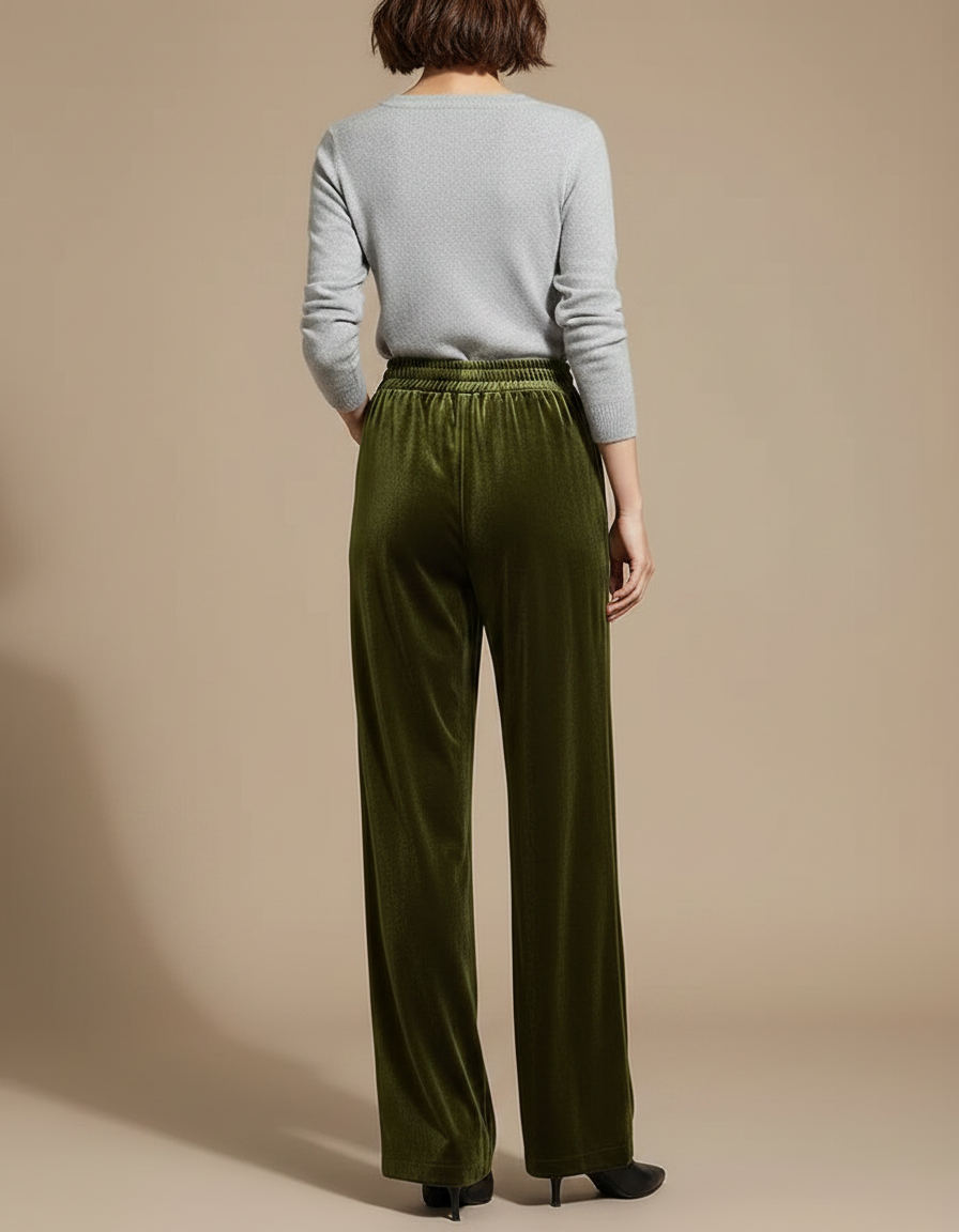Pantalon Fluide Vert Velours Ample Élégant Femme - Kaki - vue 2