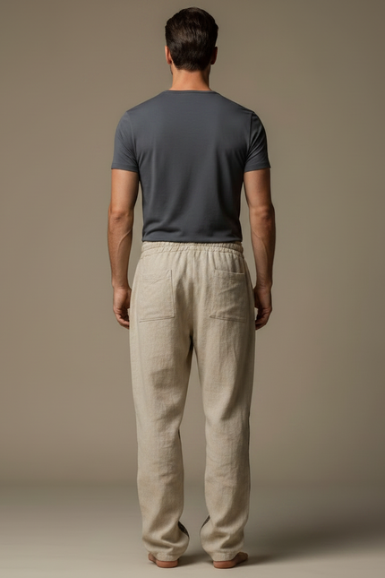Pantalon Fluide Beige Brodé Dragon Ample Cordon Homme - Lin - vue 2