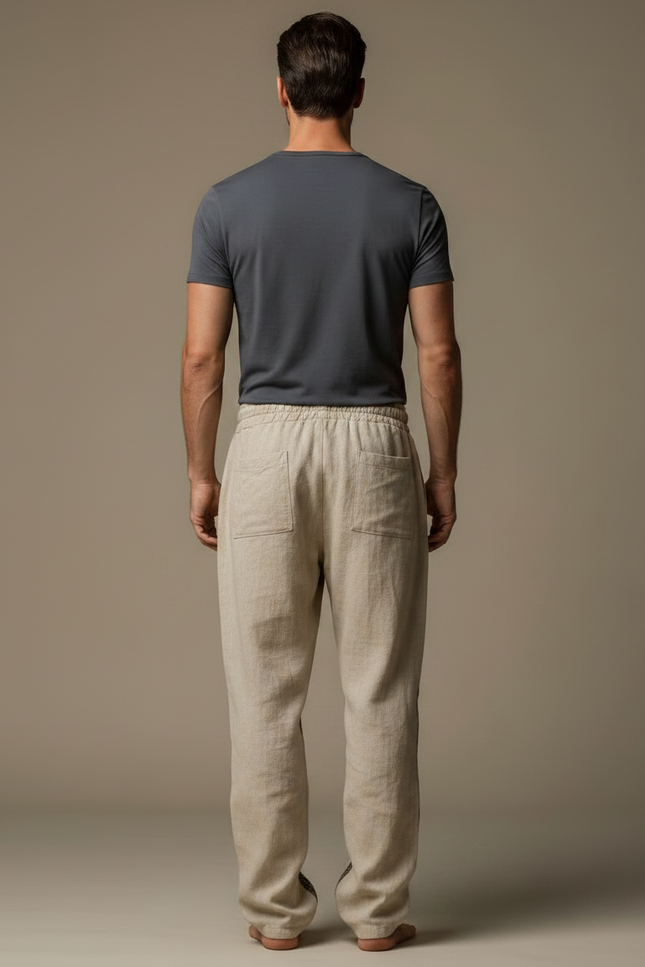 Pantalon Fluide Beige Brodé Dragon Ample Cordon Homme - Lin - vue 2