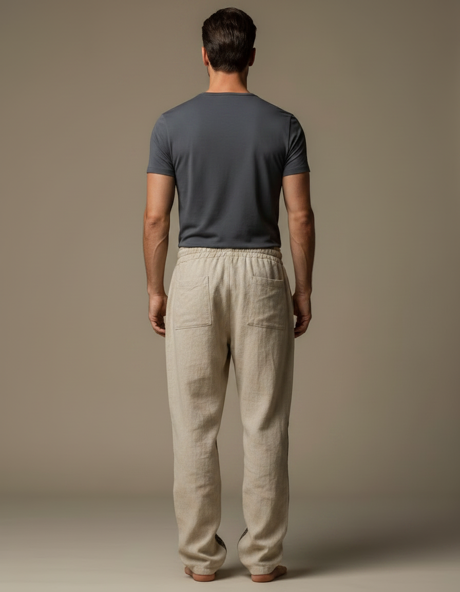 Pantalon Fluide Beige Brodé Dragon Ample Cordon Homme - Lin - vue 2