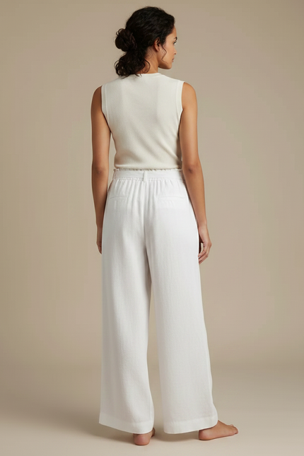 Pantalon Fluide Blanc Ample Taille Haute Lin Femme - vue 2