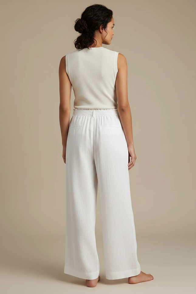 Pantalon Fluide Blanc Ample Taille Haute Lin Femme - vue 2