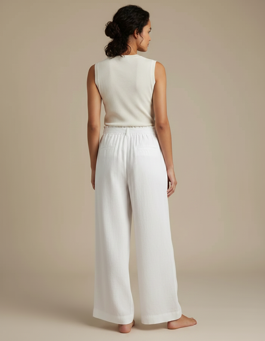 Pantalon Fluide Blanc Ample Taille Haute Lin Femme - vue 2