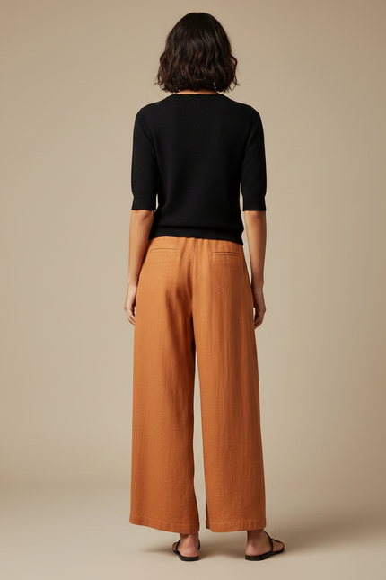 Pantalon Fluide Orange Lin Ample Taille Haute Élégant - vue 2