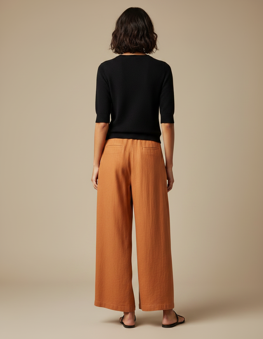 Pantalon Fluide Orange Lin Ample Taille Haute Élégant - vue 2