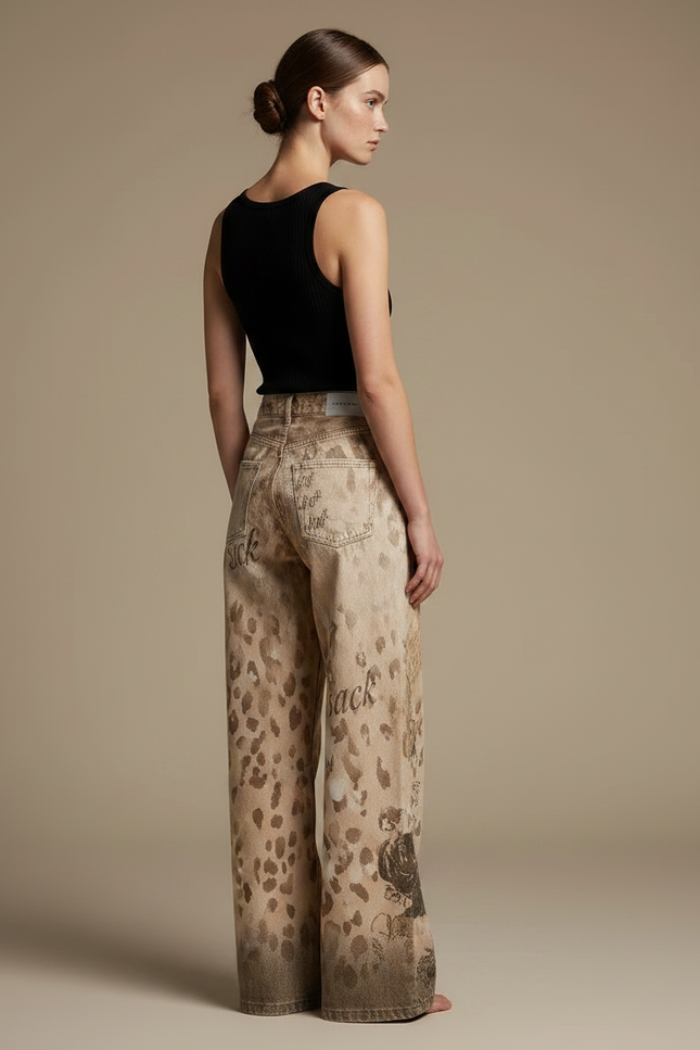 Pantalon Fluide Imprimé Léopard Ample Décontracté Femme - Beige Jean - vue 2