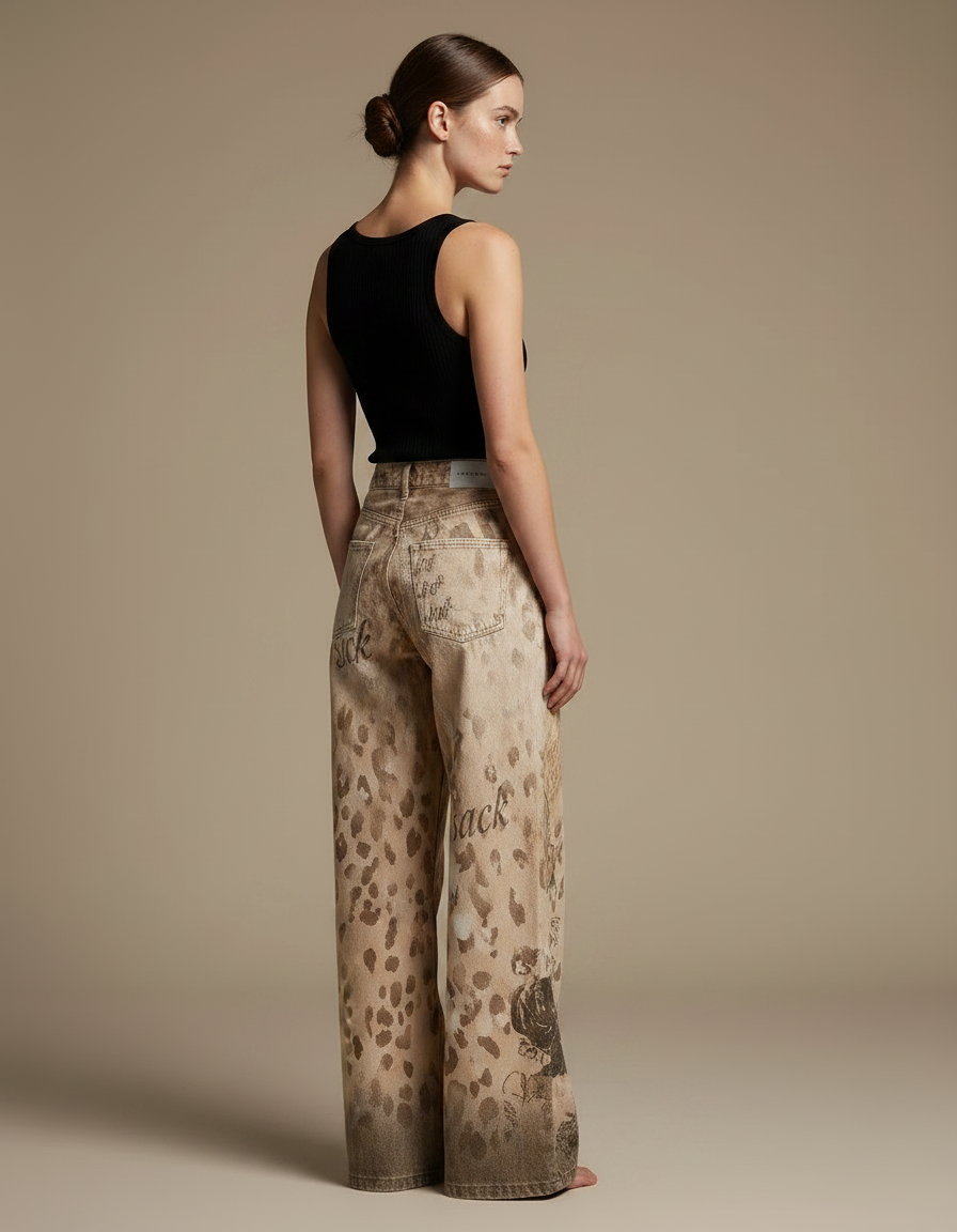 Pantalon Fluide Imprimé Léopard Ample Décontracté Femme - Beige Jean - vue 2