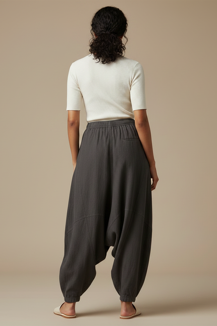 Pantalon Fluide Gris Ample Coton Lin Décontracté - vue 2