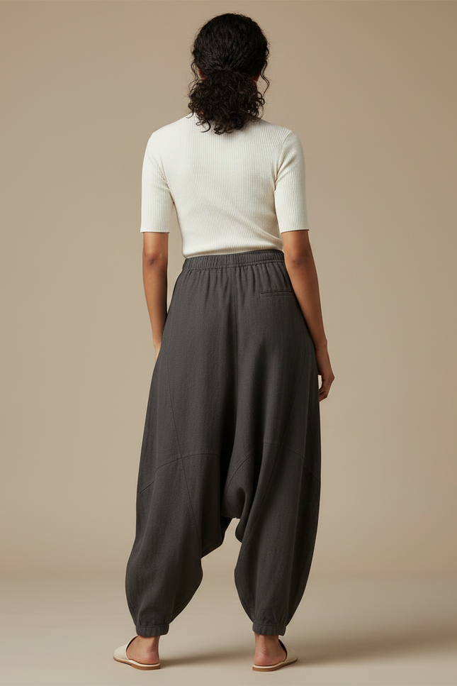 Pantalon Fluide Gris Ample Coton Lin Décontracté - vue 2