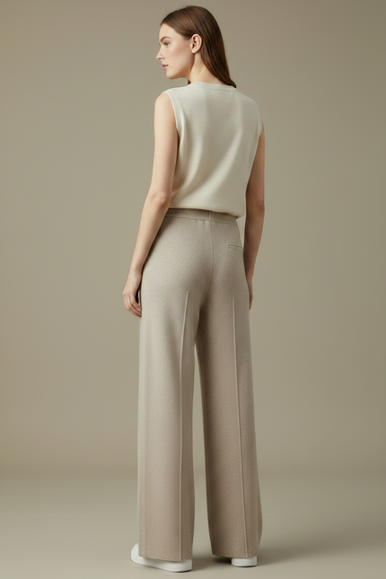 Pantalon Fluide Beige Maille Ample Cordon Femme - vue 2