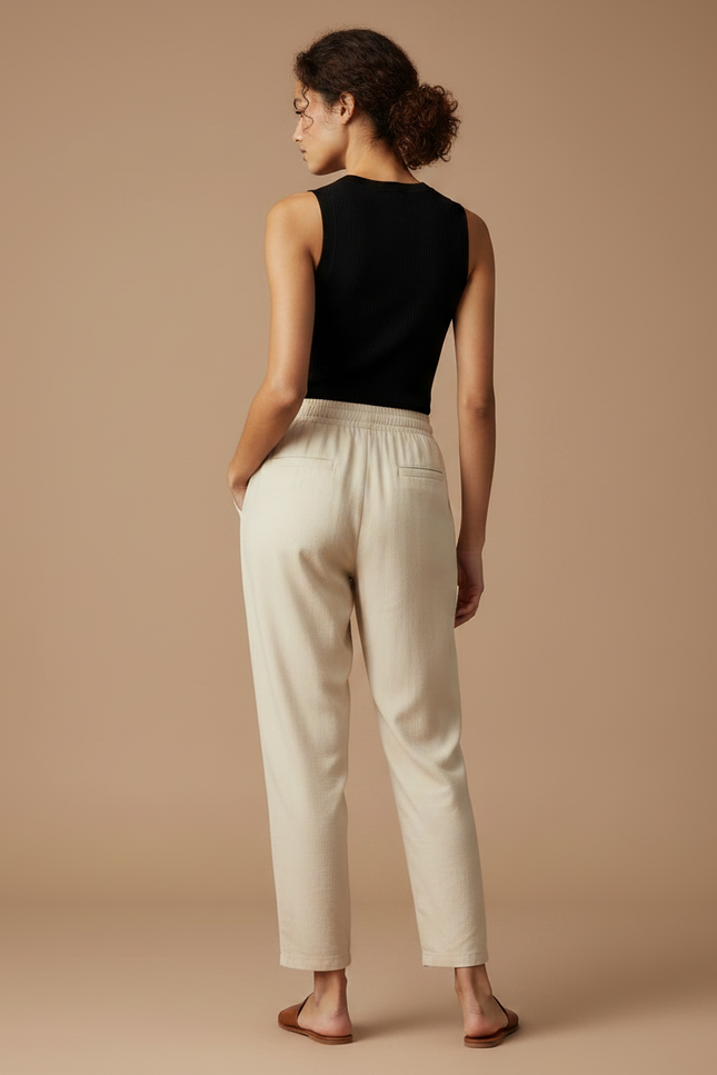 Pantalon Fluide Beige Coton Décontracté Élastique Harem - vue 2